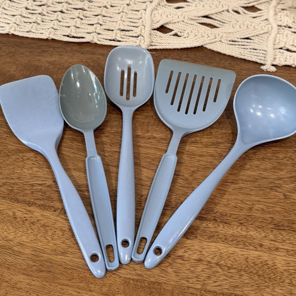 Vtg Ekco Nylon Slotted Spatula Spoon & Melamine Ladle Turner Flipper Qty: 5 Blue